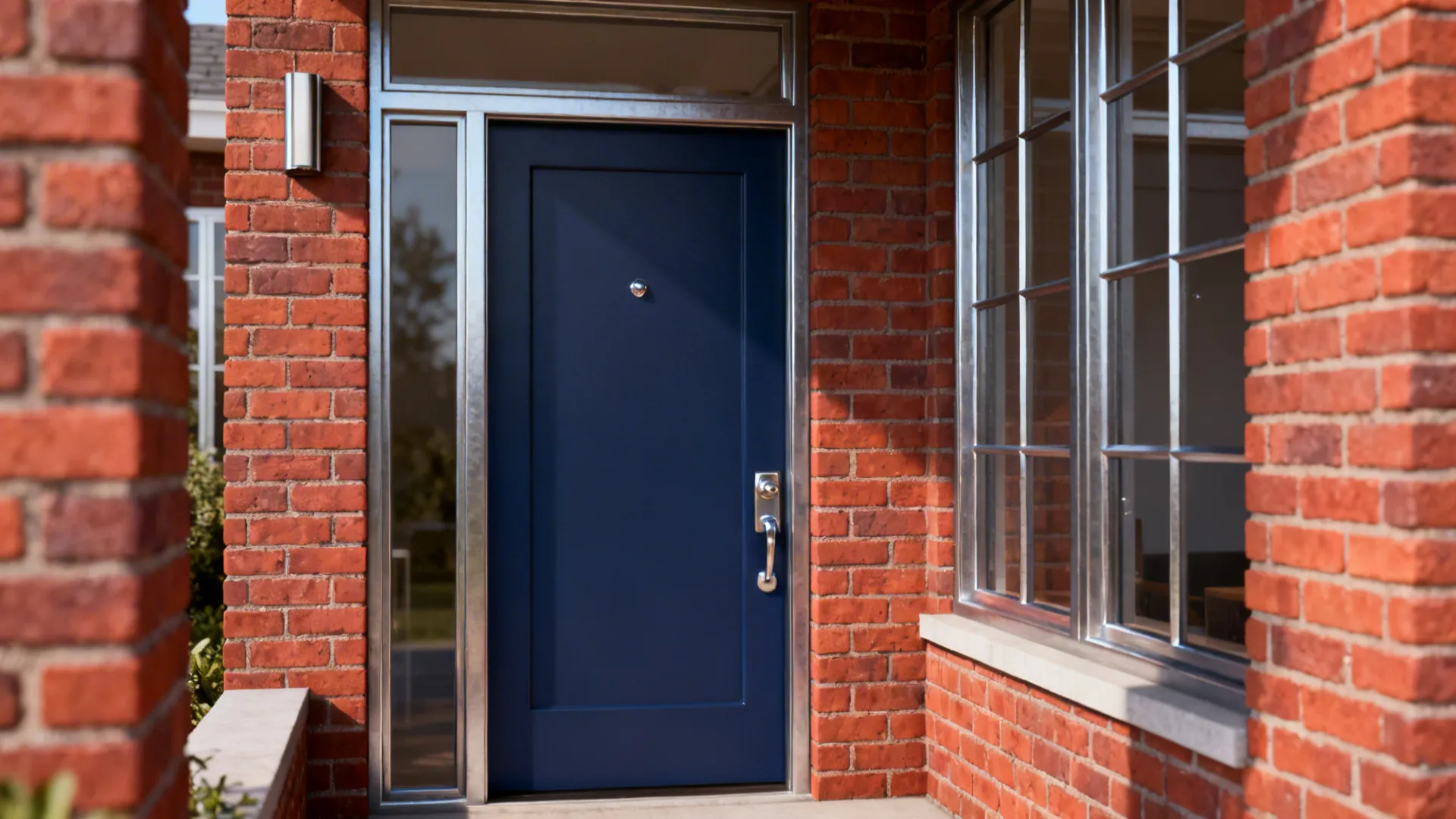 Navy blue door on a red brick mid-century house with metal accents.
