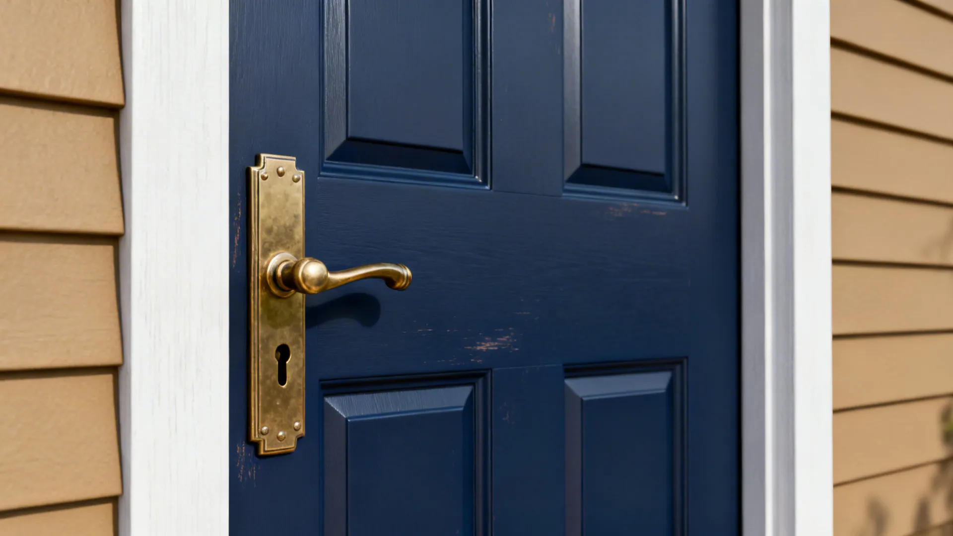 Close-up of a navy blue front door with brass hardware and white trim on a tan house.