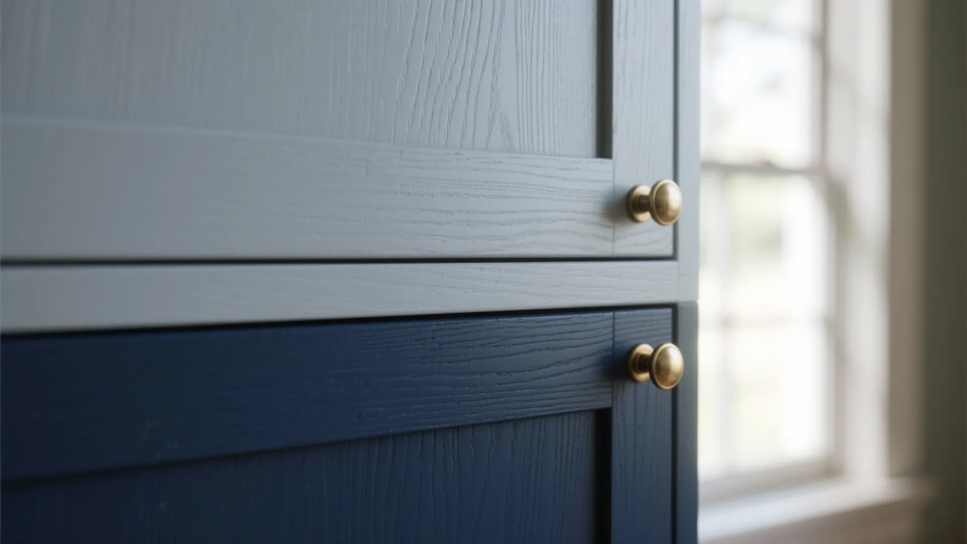 Close-up of light grey and dark blue kitchen cabinets with round gold handles and wood