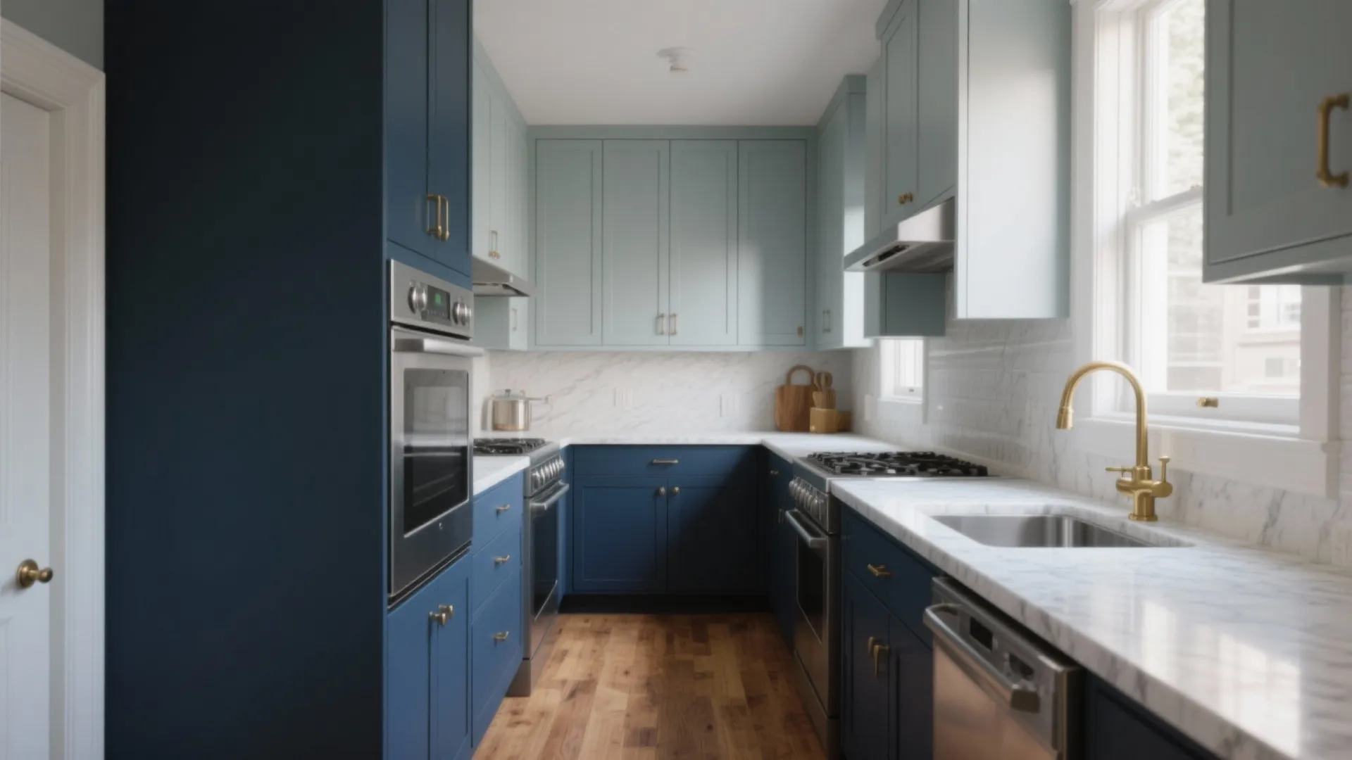 Modern kitchen with dark blue bottom cabinets light blue top cabinets marble countertop and gold faucet
