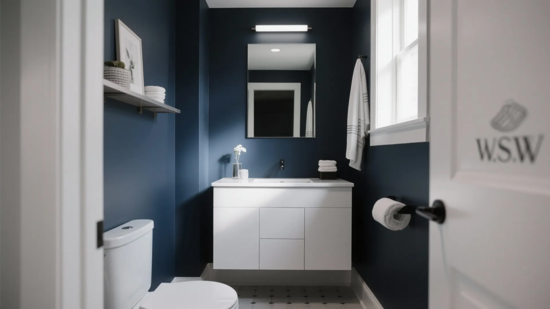 Modern navy blue bathroom with white cabinet vanity toilet rectangular mirror wall light and floor tiles
