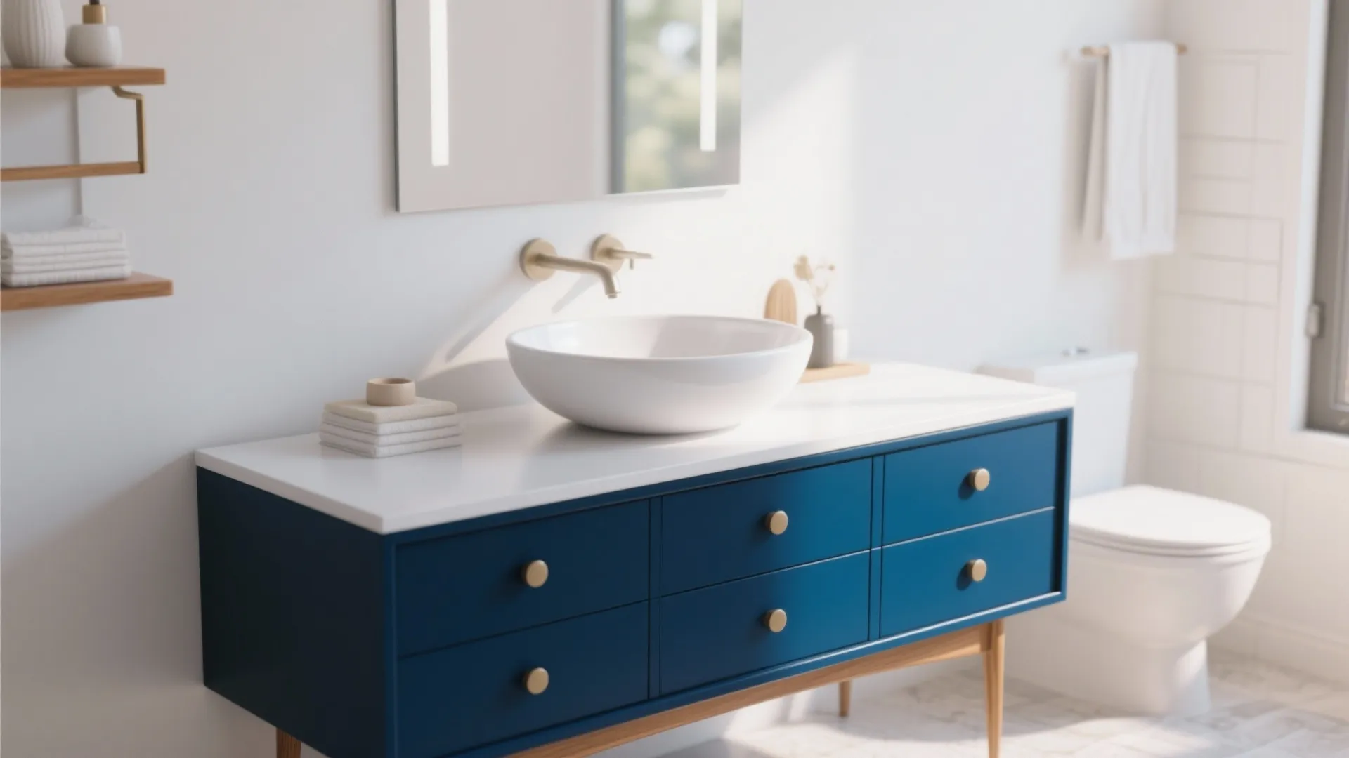 Modern navy blue bathroom cabinet with white bowl sink gold faucet mirror and white toilet