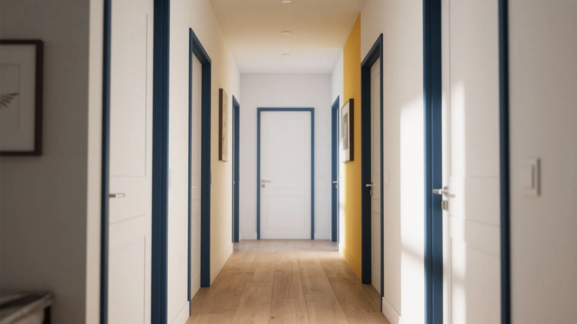 Modern hallway with white doors and navy-painted edges creating subtle contrast.