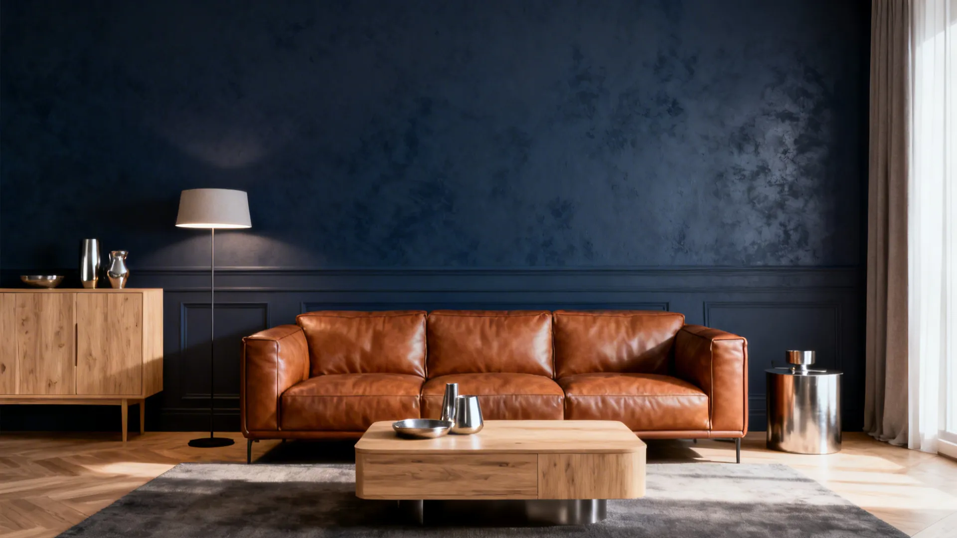 Living room with a muted navy wall paired with a cinnamon brown sofa and light wood accessories.