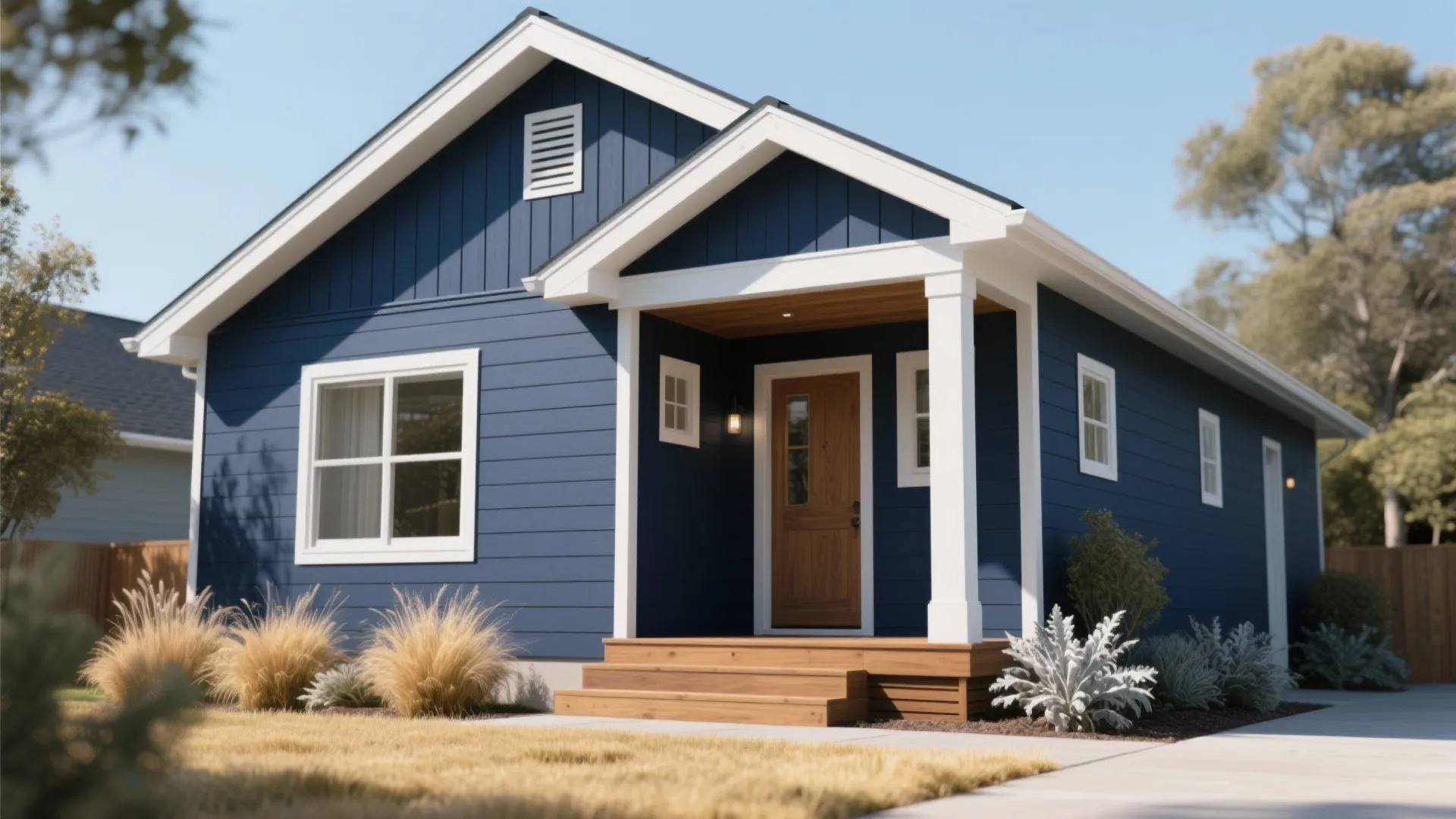 Small house with navy blue wall panel siding wooden porch steps and white window frame trim