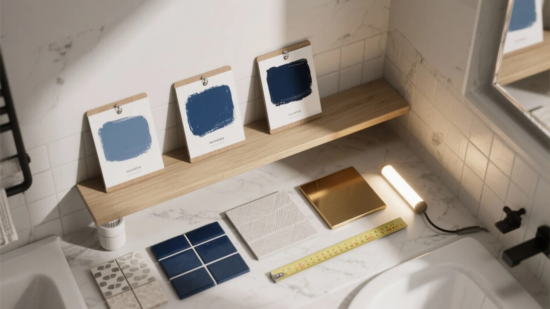 Bathroom counter with blue paint samples on wood shelf, marble tiles, and yellow measuring tape