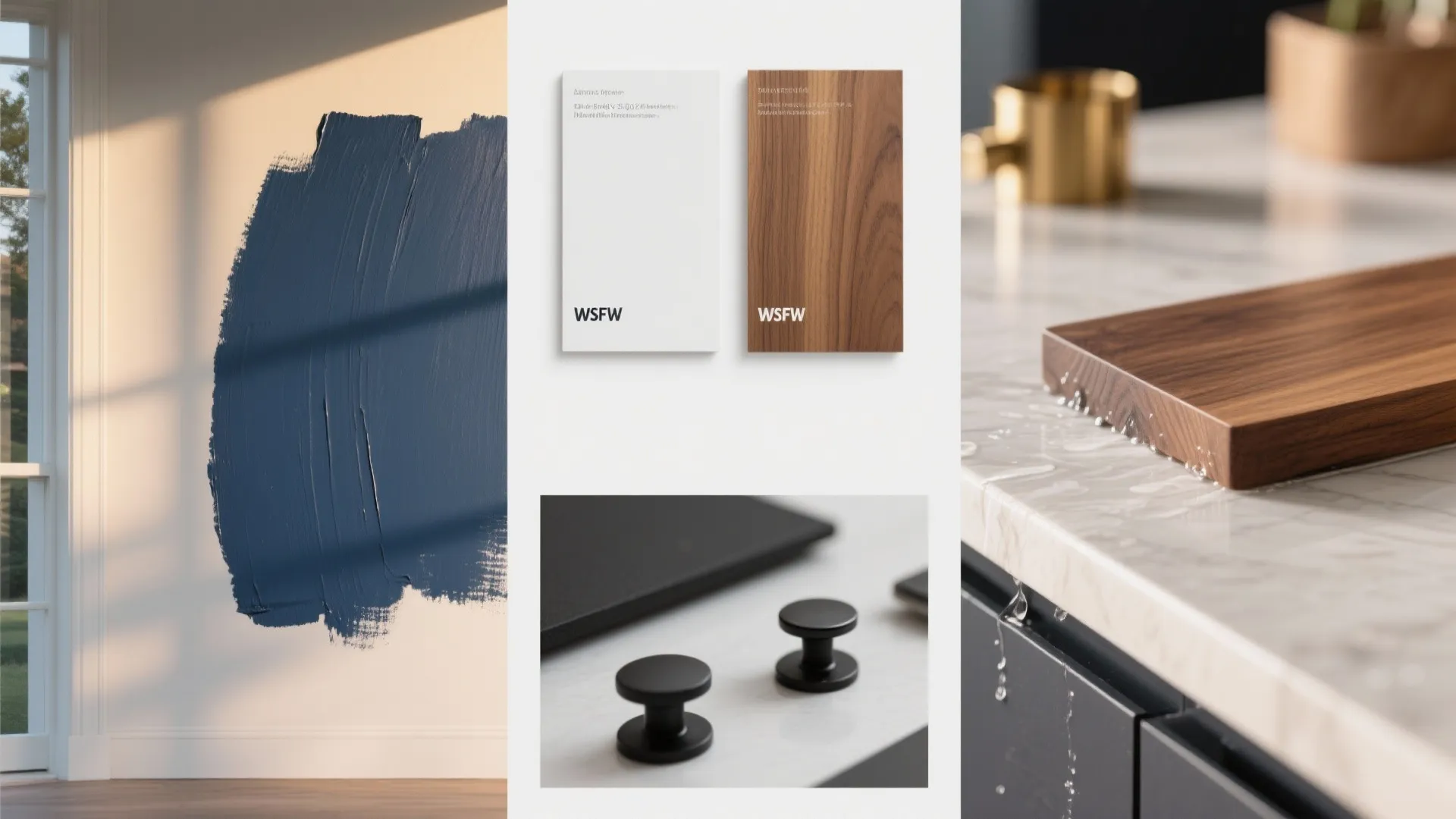 Collage of navy paint finishes, countertop swatches, hardware samples and sealed wood edge