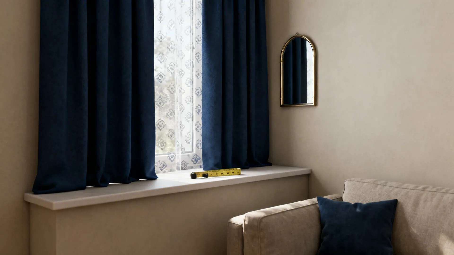 Blue curtains on a window with a yellow measuring tape on the white window sill