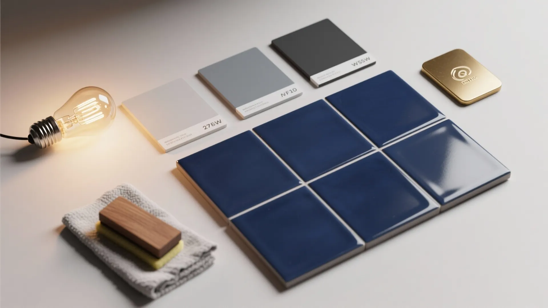 Flatlay of navy tile swatches, grout samples, warm LED bulb and brass sample showing care and lighting options.