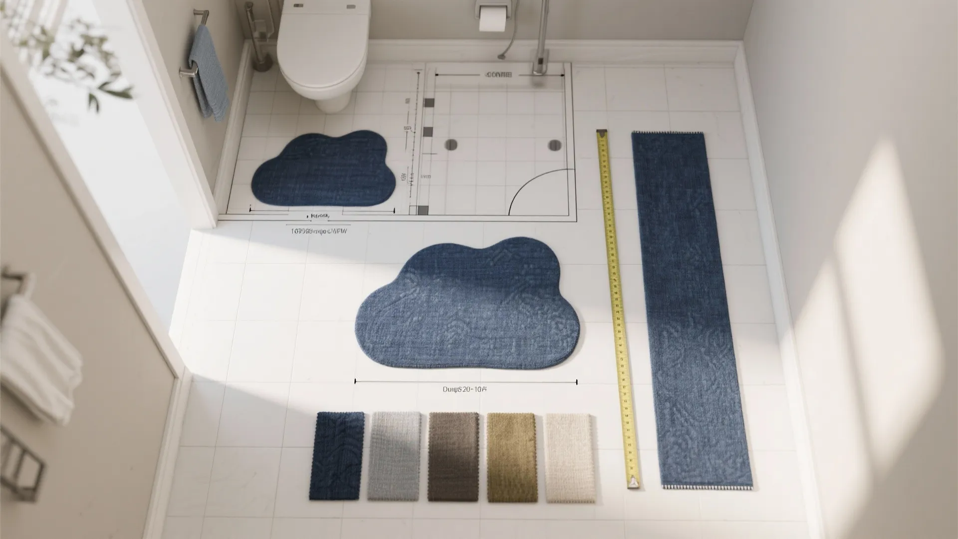 Top-down floor plan mockup showing navy rug placements and fabric swatches for measurement planning.