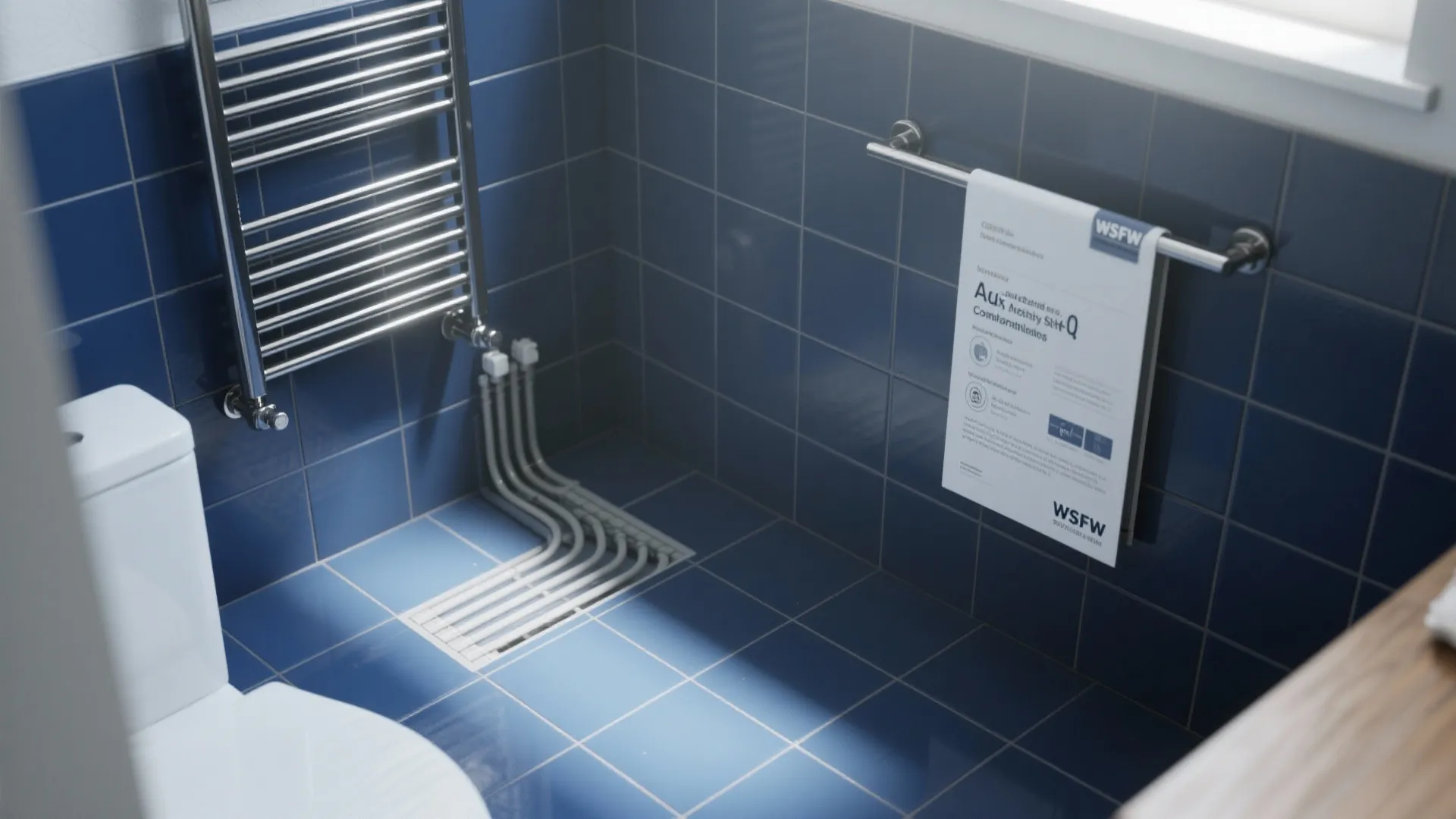Bathroom vignette showing navy floor tiles and a heated towel rail illustrating underfloor heating compatibility.