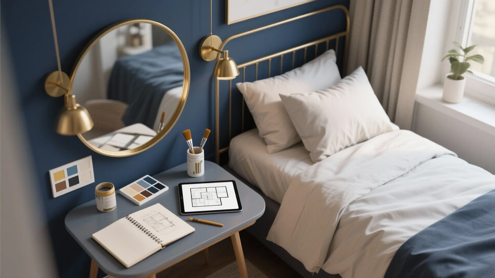 Blue bedroom wall with gold mirror desk holding tablet showing floor plan and design tools