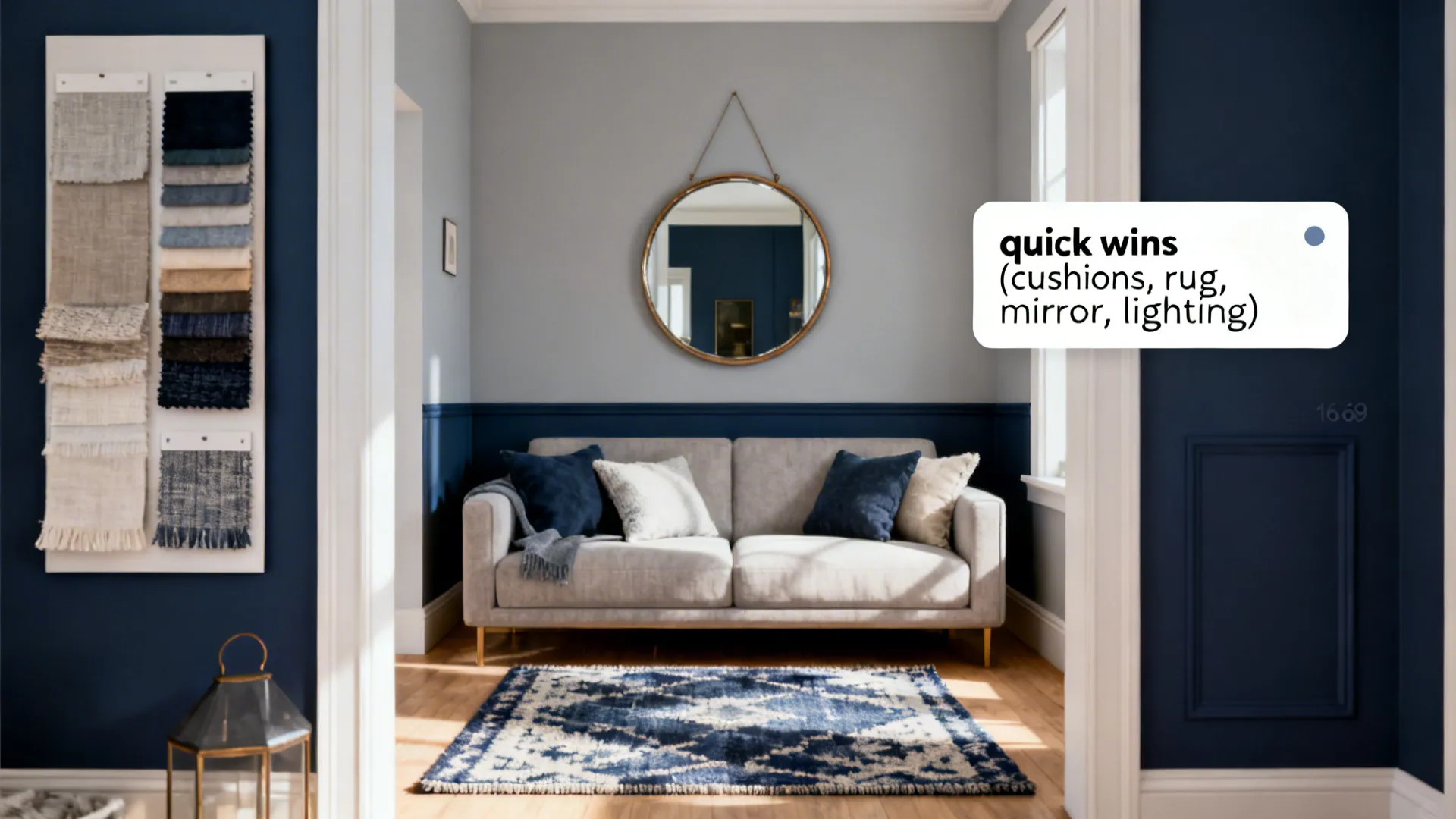 Vignette showing quick wins for navy and grey rooms: cushions, rug, mirror and lighting.