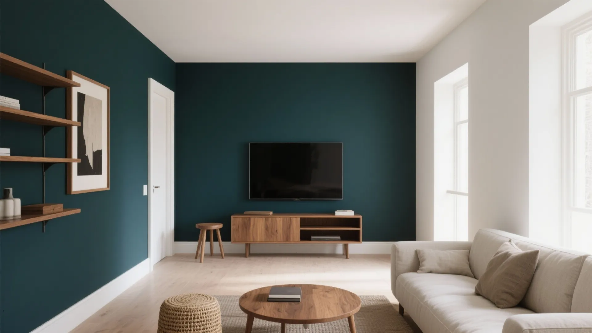 Modern living room with dark green wall wooden cabinet television white sofa and round coffee table