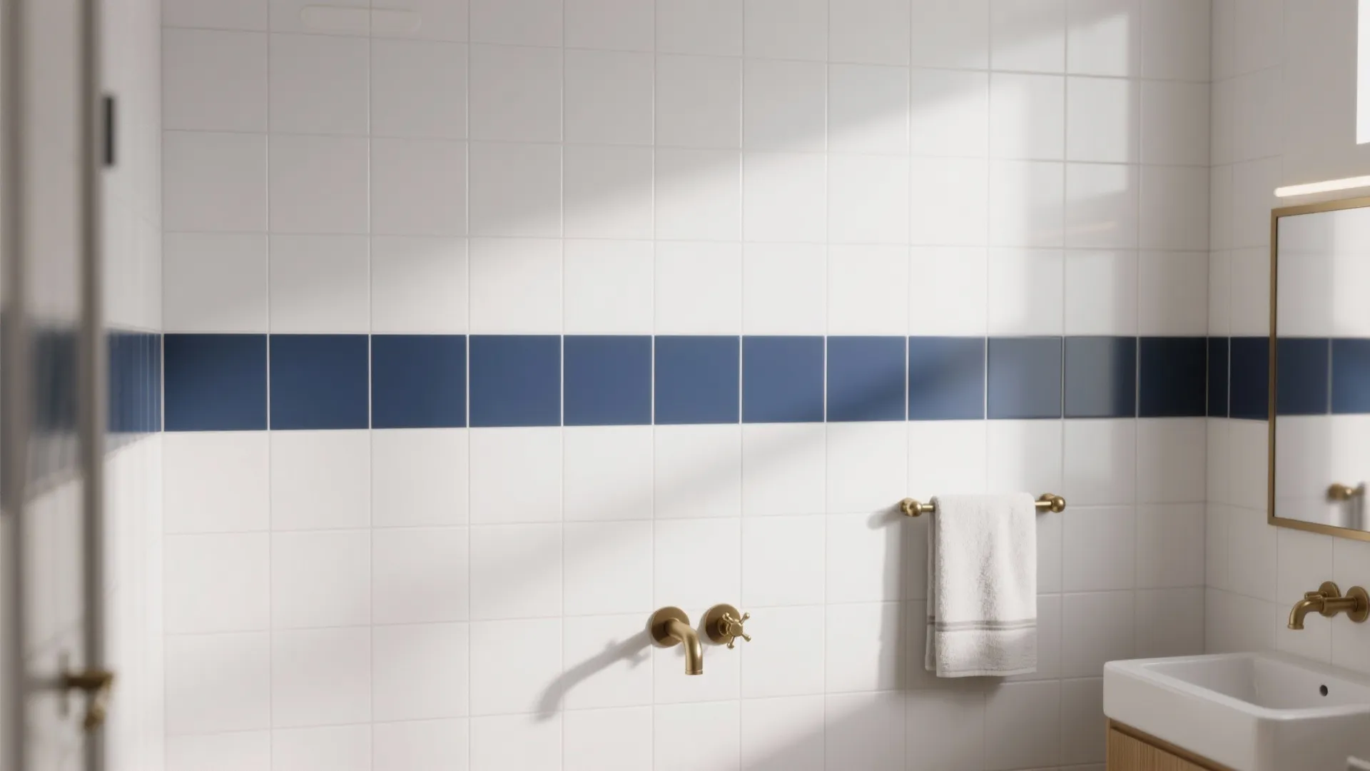 White bathroom wall tiles with a blue horizontal stripe towel rack gold taps and sink