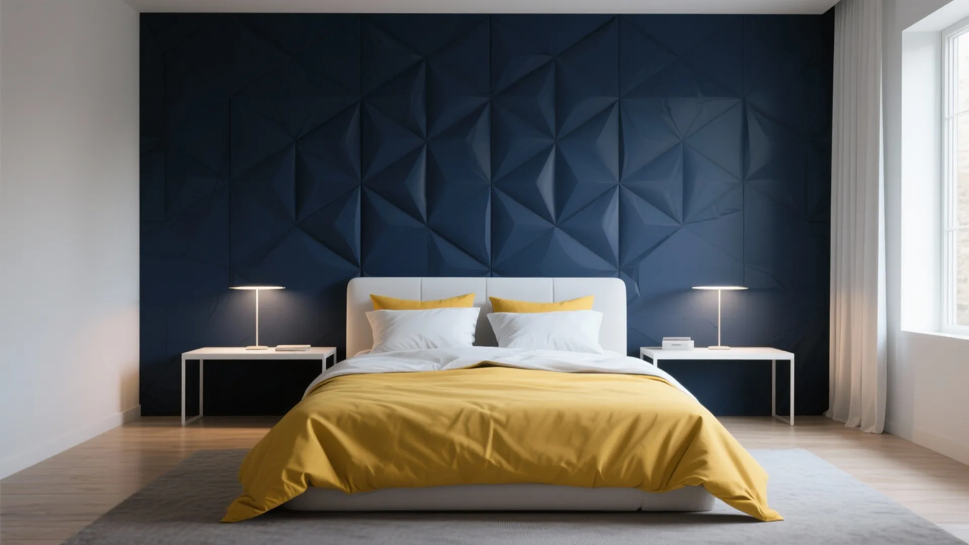 2. Graphic Pop: Navy Feature Wall + Yellow Geometric Bedding