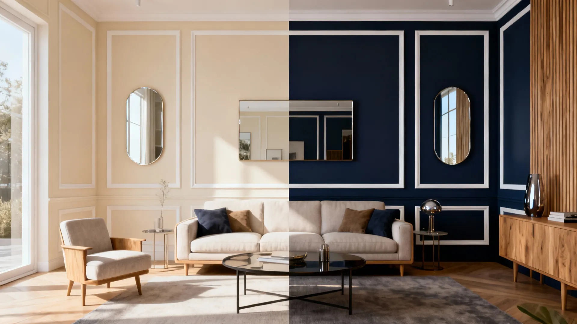 Before and after comparison showing living room wall changing from light cream to dark navy blue