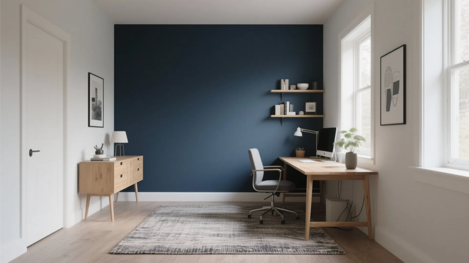 Home office with dark blue accent wall featuring a wooden desk and grey chair on rug