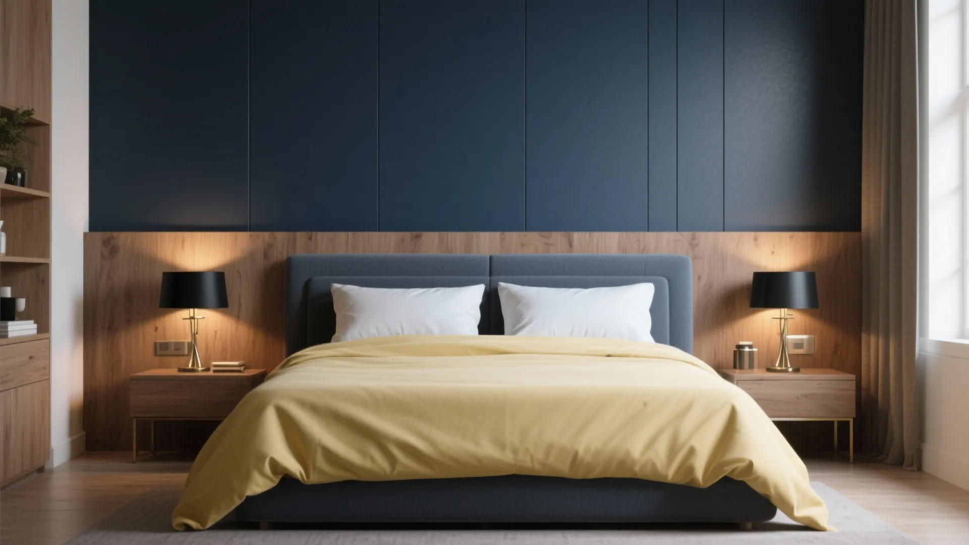 2. Navy Feature Wall and Pale Yellow Bedding