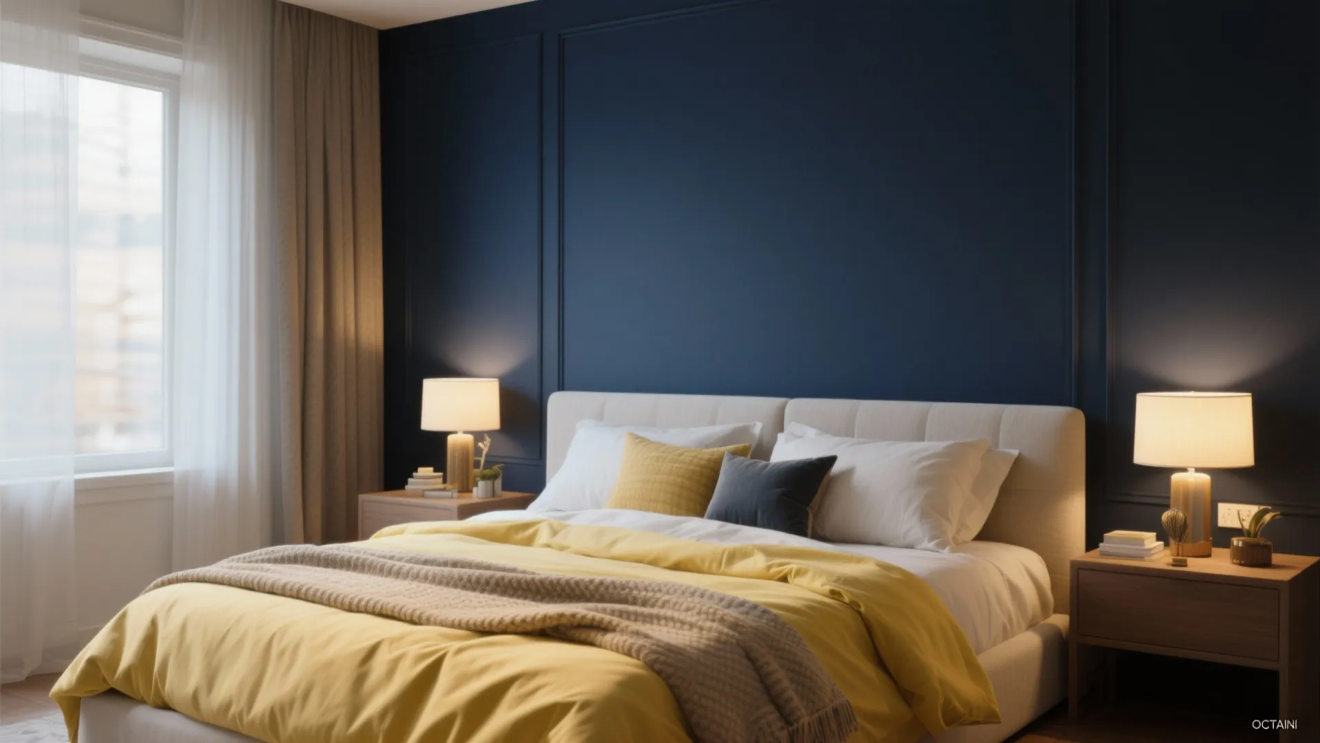 2. Navy Feature Wall and Pale Yellow Bedding