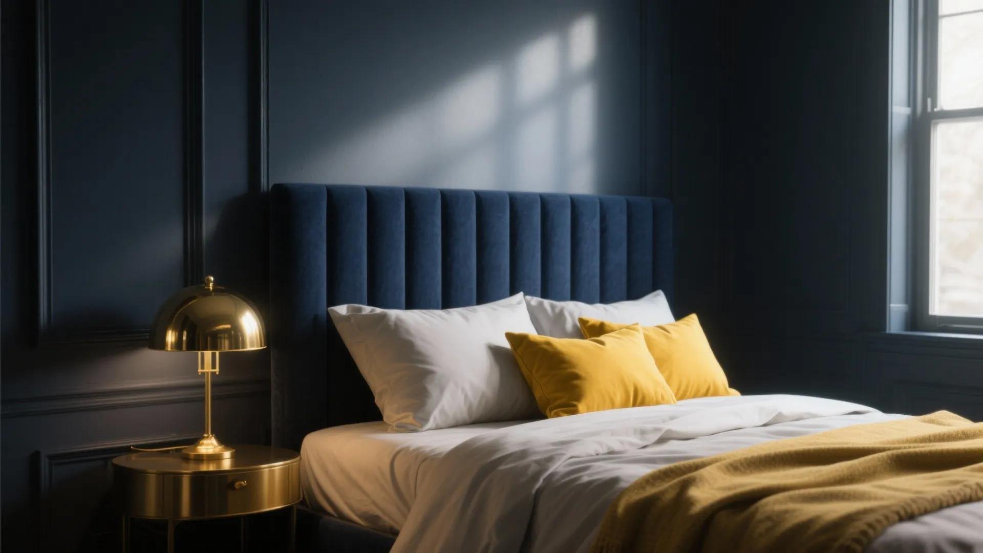 Dark blue bedroom with velvet headboard gold lamp white pillows yellow cushions and natural light