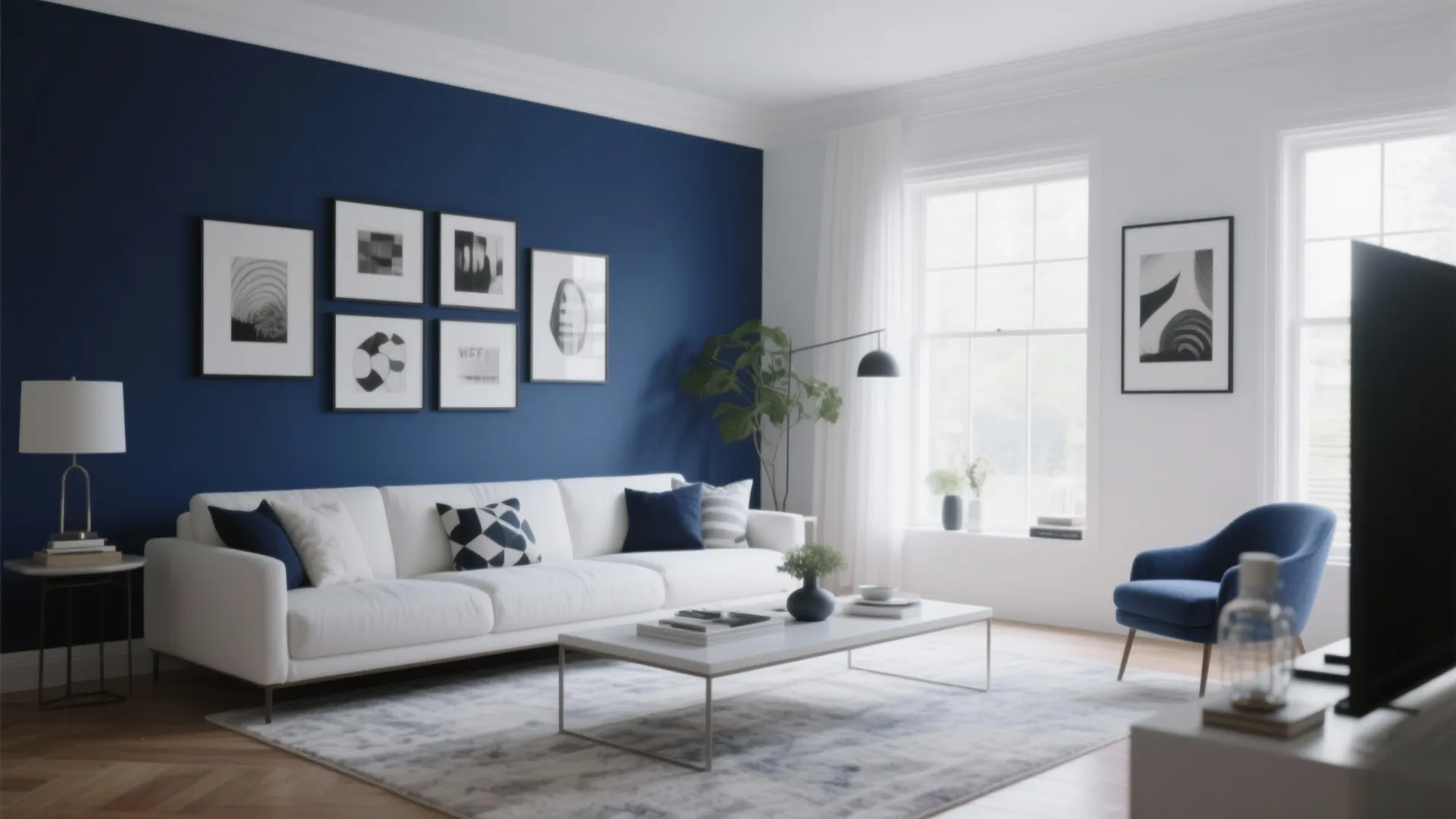 Modern living room with navy blue wall white sofa coffee table and framed wall art