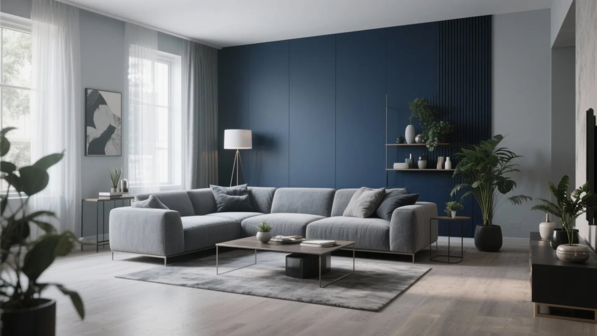 3. Navy Feature Wall Behind the Sofa