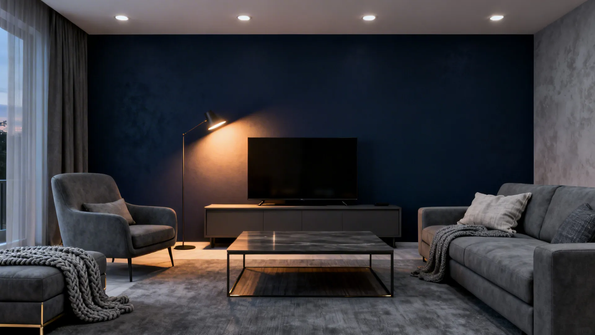 3. Navy Feature Wall with Grey Furnishings