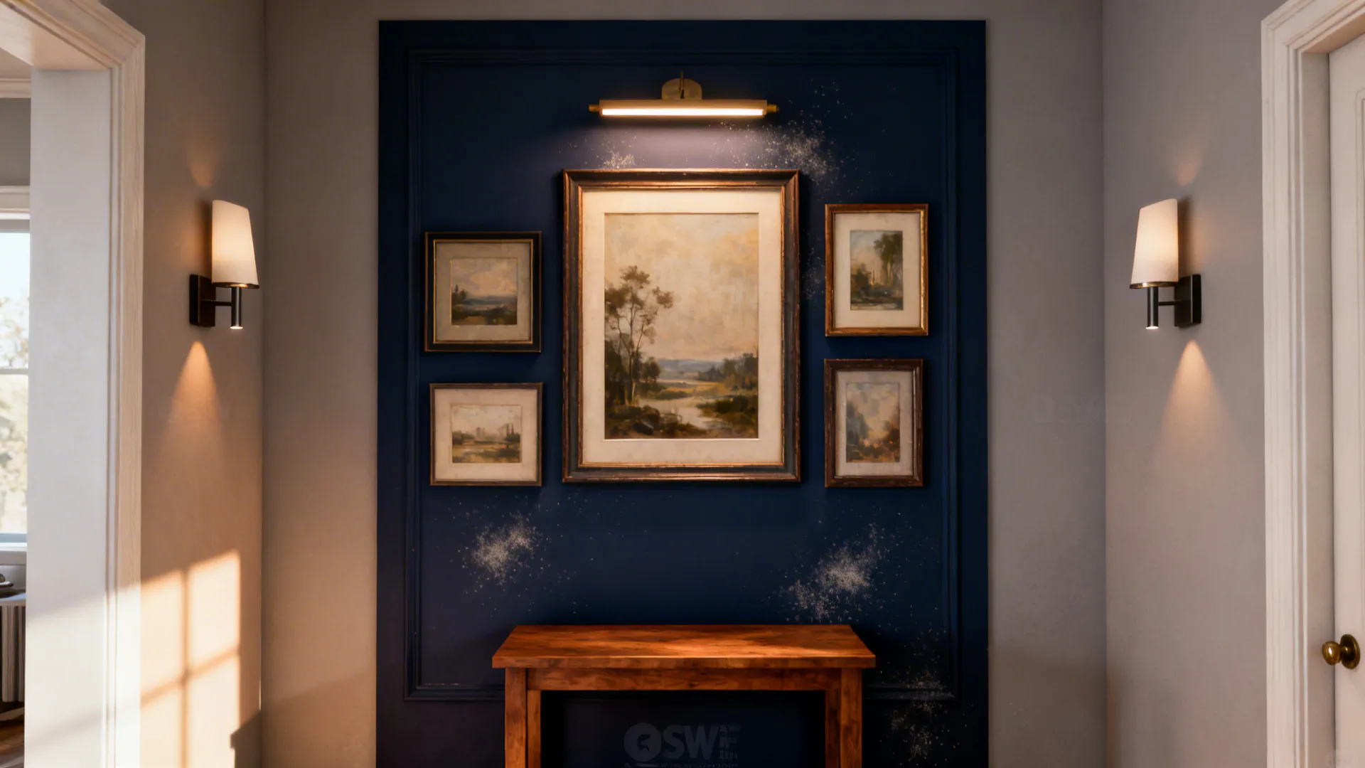 Deep navy feature wall with framed artwork lit by picture light and warm grey surrounding walls.