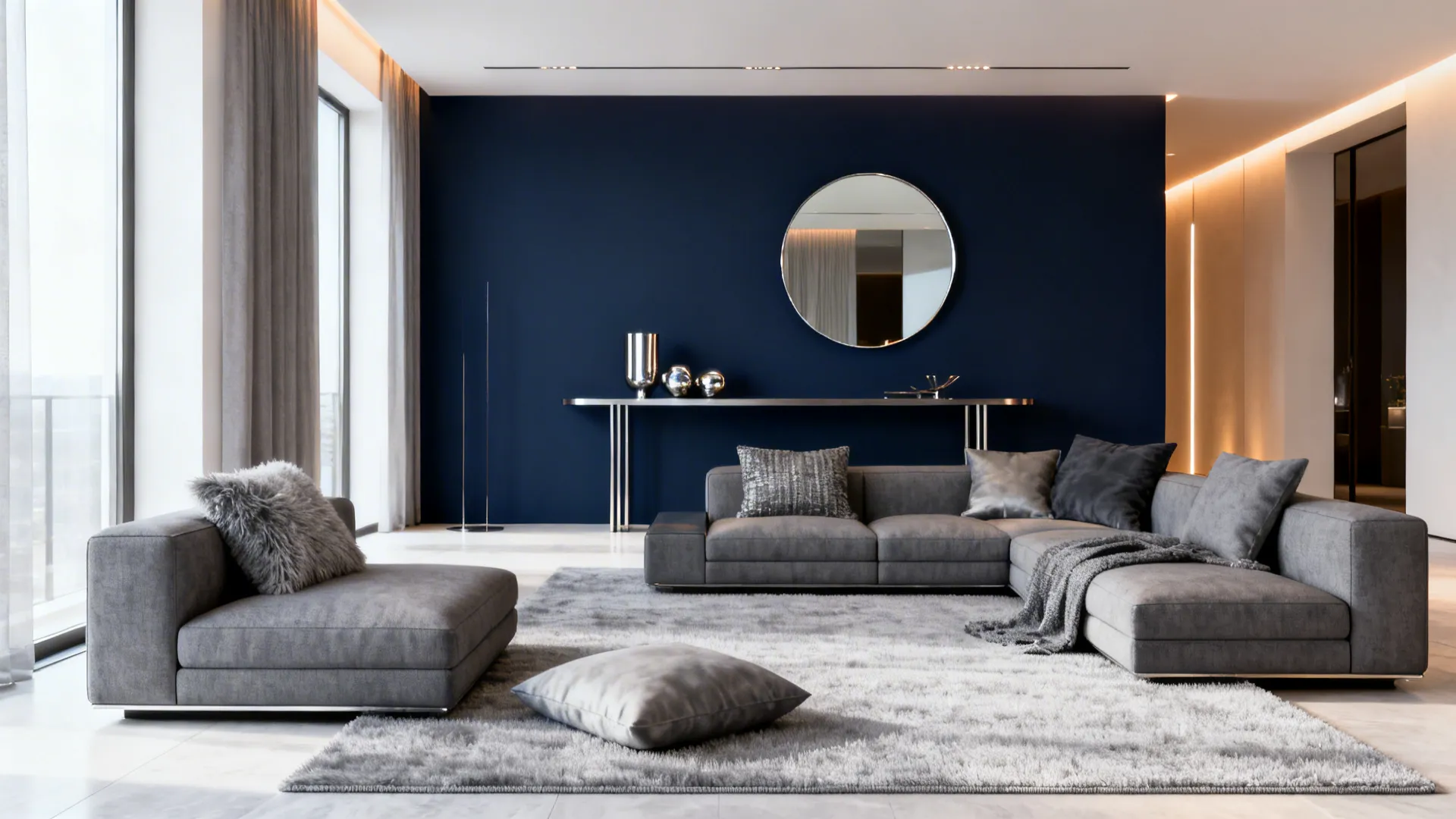 Living area with a deep navy feature wall and layered grey furnishings with a slim console and mirror.