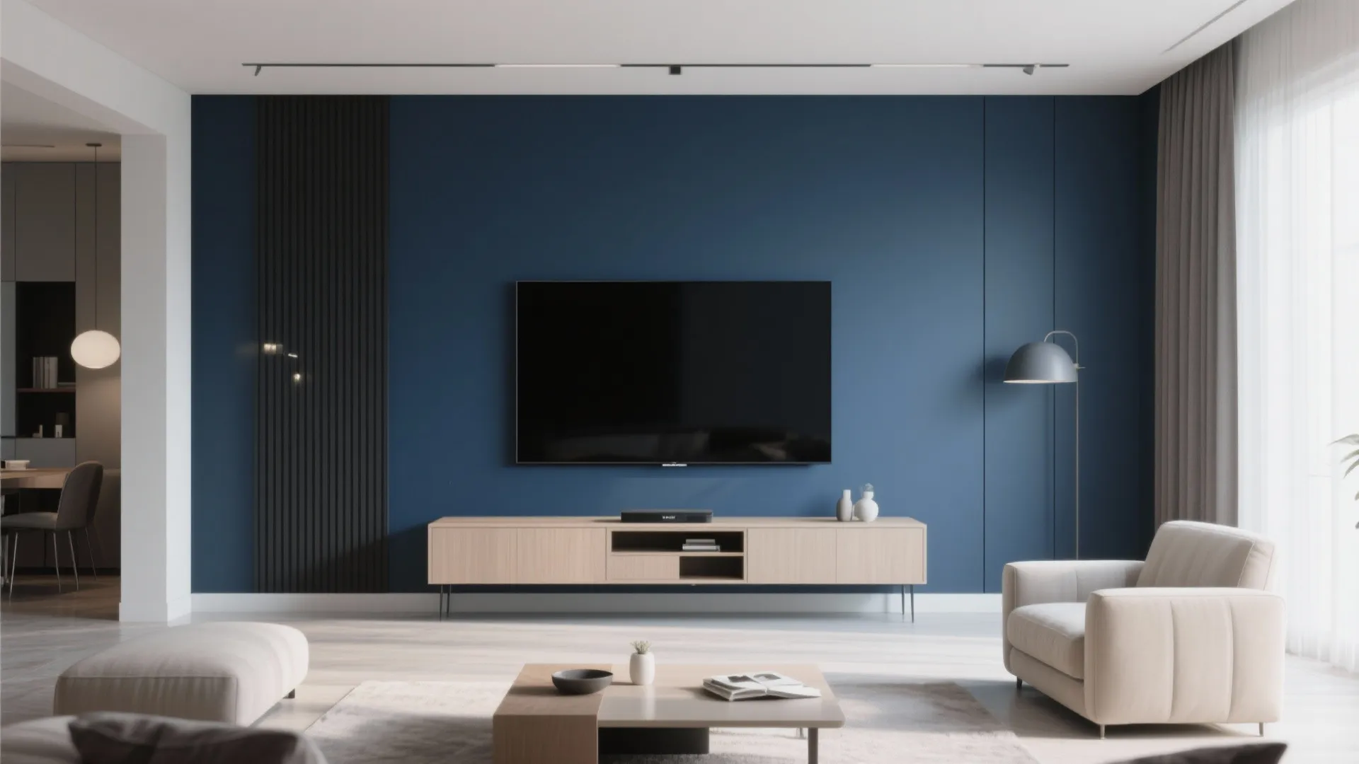 Minimalist living room with navy blue feature wall behind a television and light wood cabinet