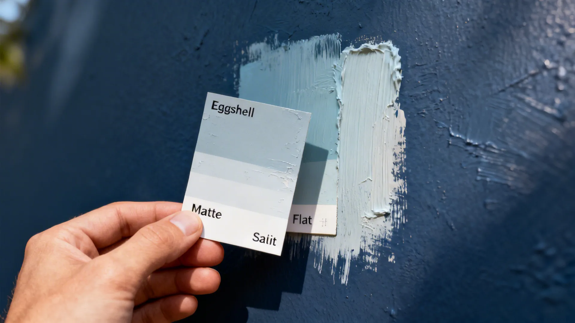 Close-up of navy paint finish swatches comparing eggshell, satin, and flat textures