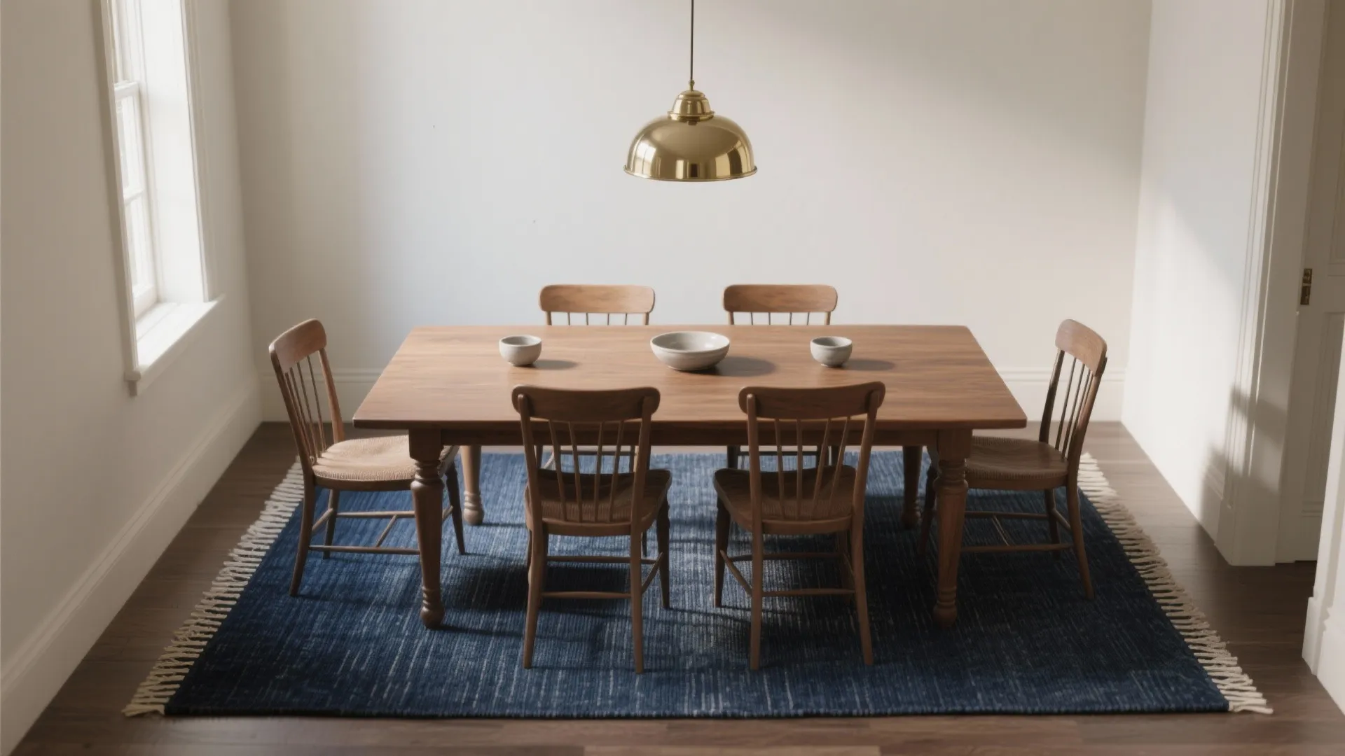 Wooden dining table with six chairs navy blue rug gold ceiling light and white wall background