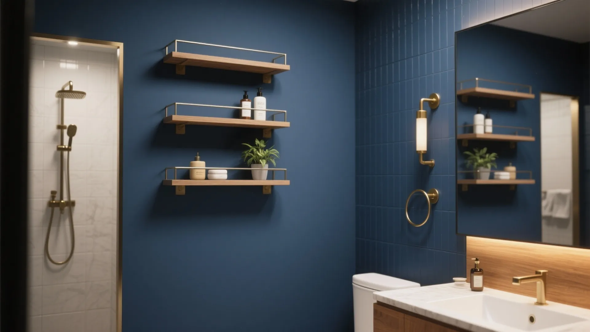 Navy blue bathroom wall with three wooden floating shelves gold shower fixture and marble sink