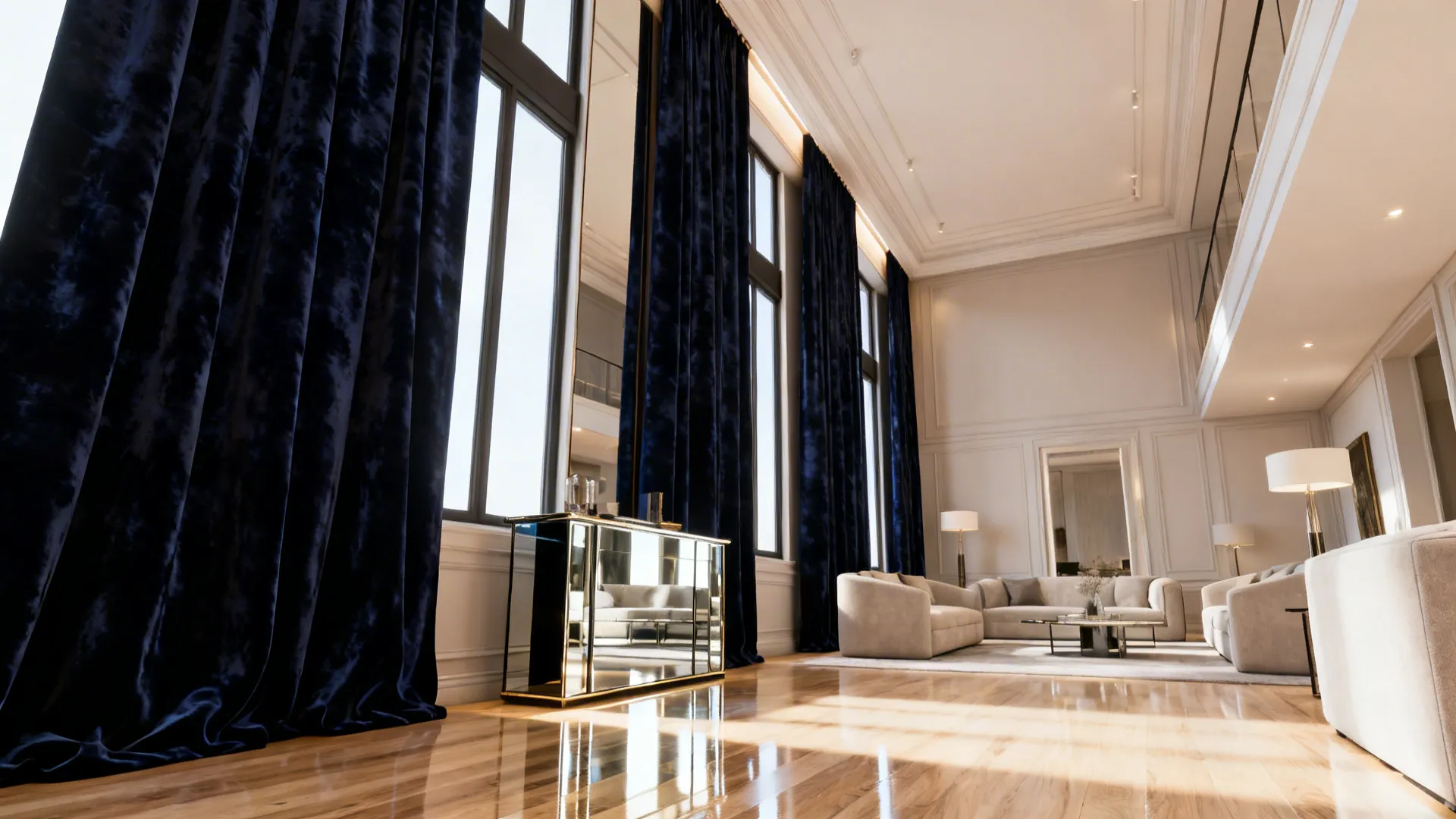 Open-plan apartment with floor-to-ceiling navy curtains and pale furnishings to brighten the space.