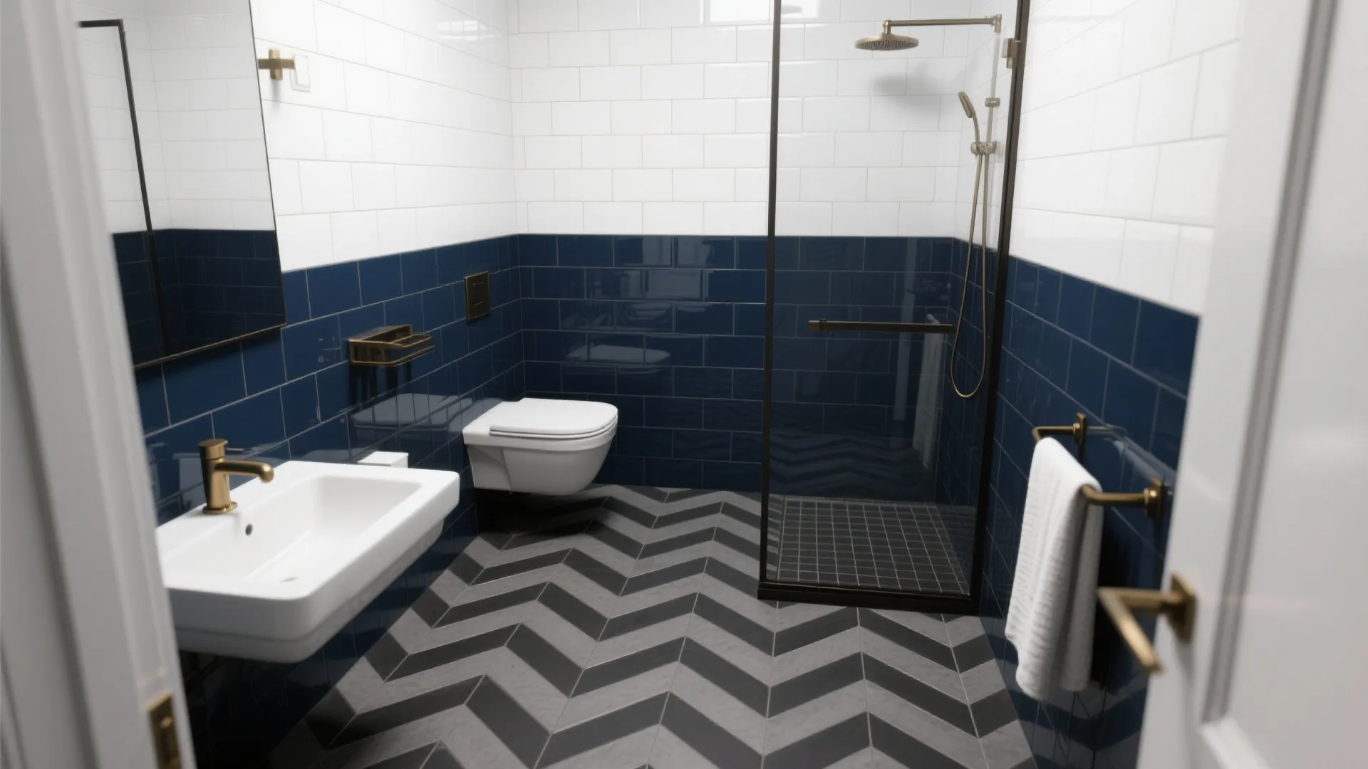 Bathroom interior design featuring navy blue wall tiles grey patterned floor white sink and brass shower