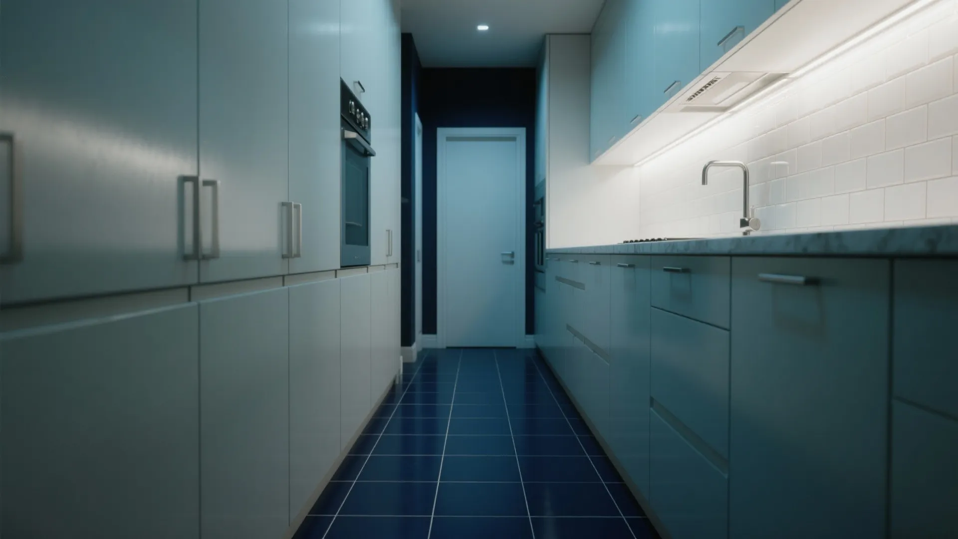 3. Pair navy floor tiles with lighter cabinetry for contrast