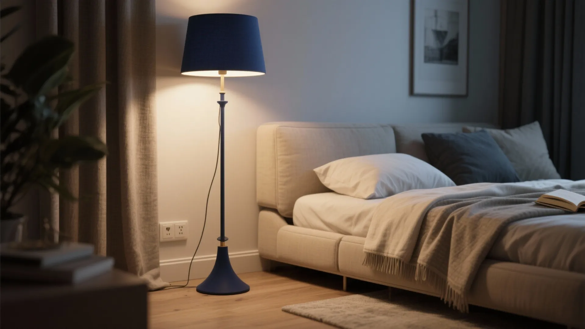Corner of a small living room anchored by a tall deep navy floor lamp beside a sofa-bed with light textiles.