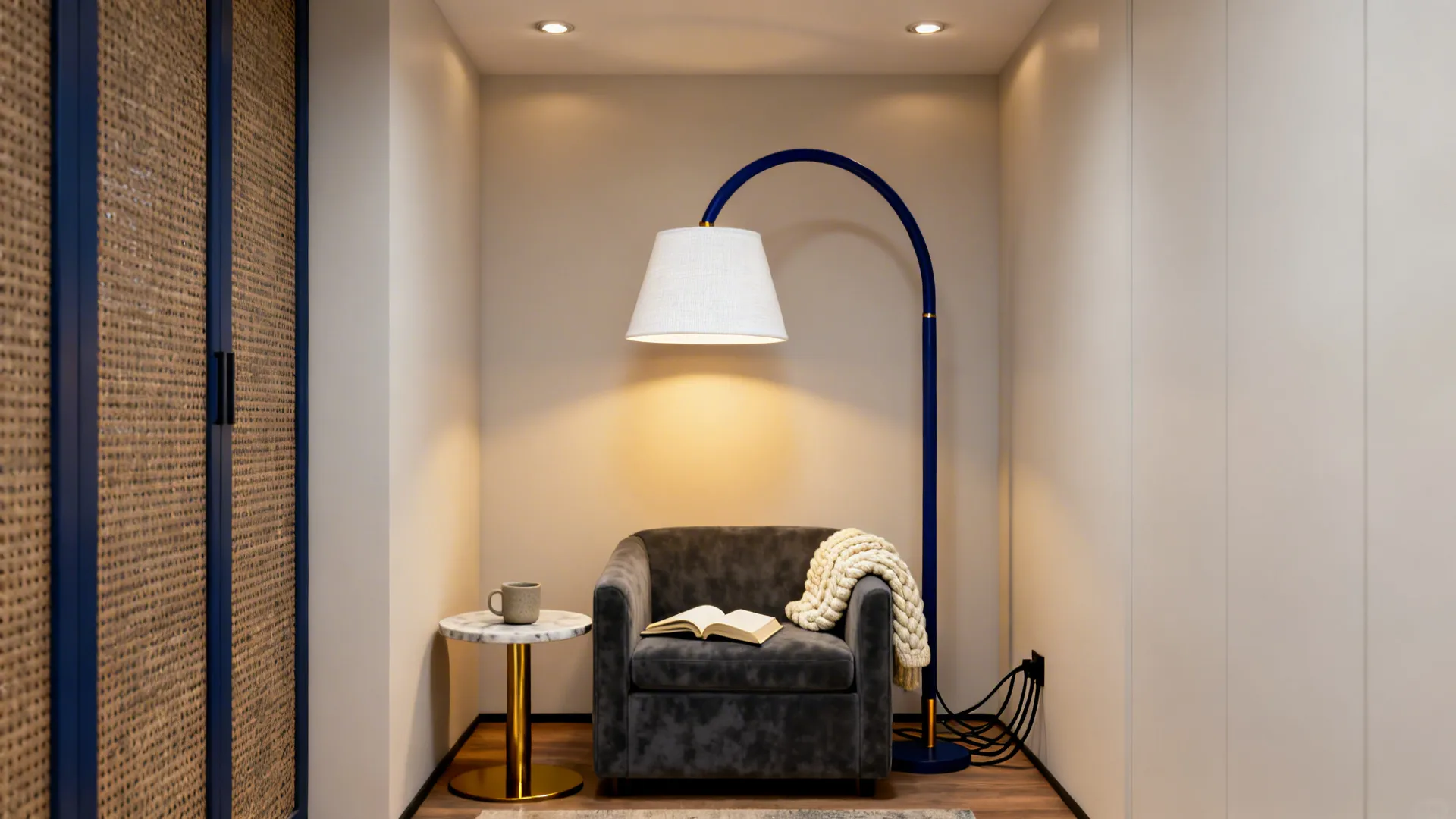 Cozy reading nook defined by a navy blue arched floor lamp over a compact sofa