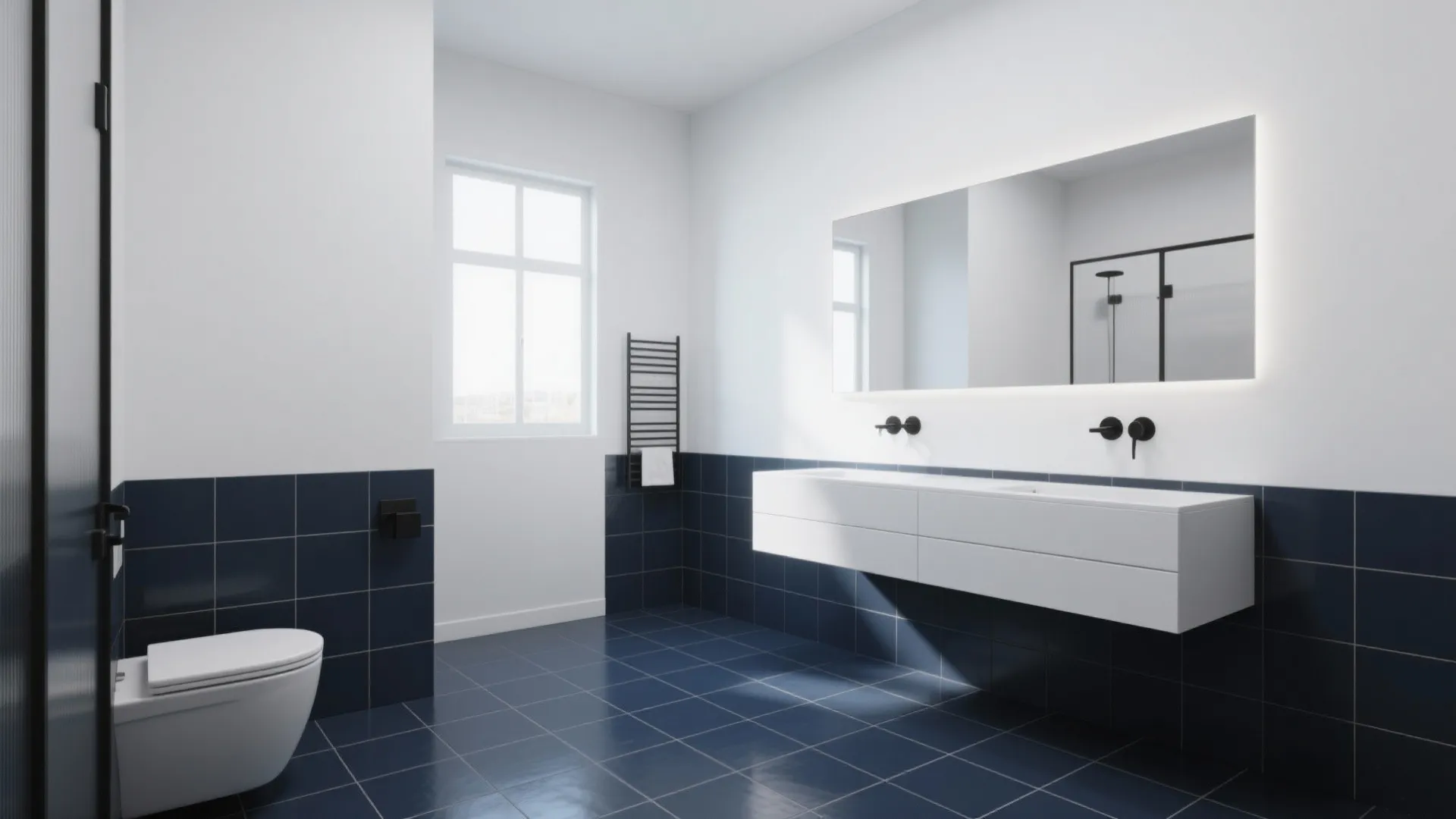 Modern bathroom with navy blue tiles white walls large mirror floating cabinet and white toilet