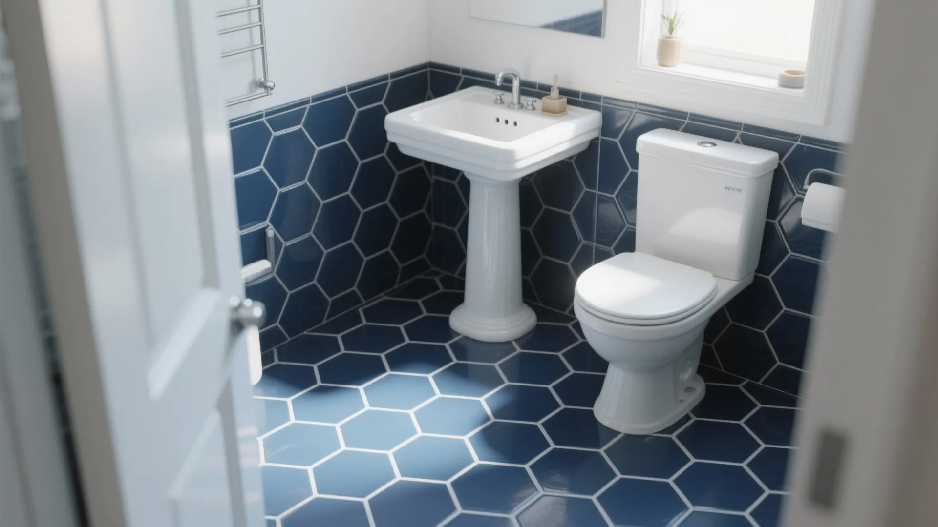 3. Navy Tiles on the Floor with White Fixtures