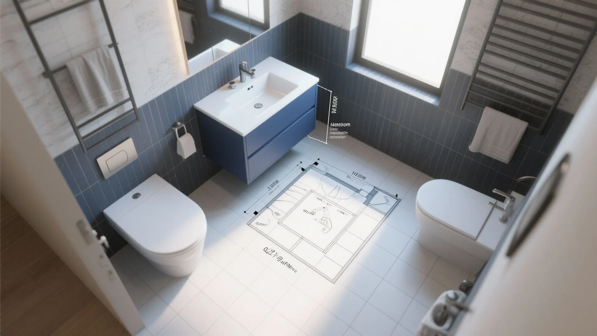 Top-down 3D mockup of a small bathroom layout illustrating navy vanity placement and scale