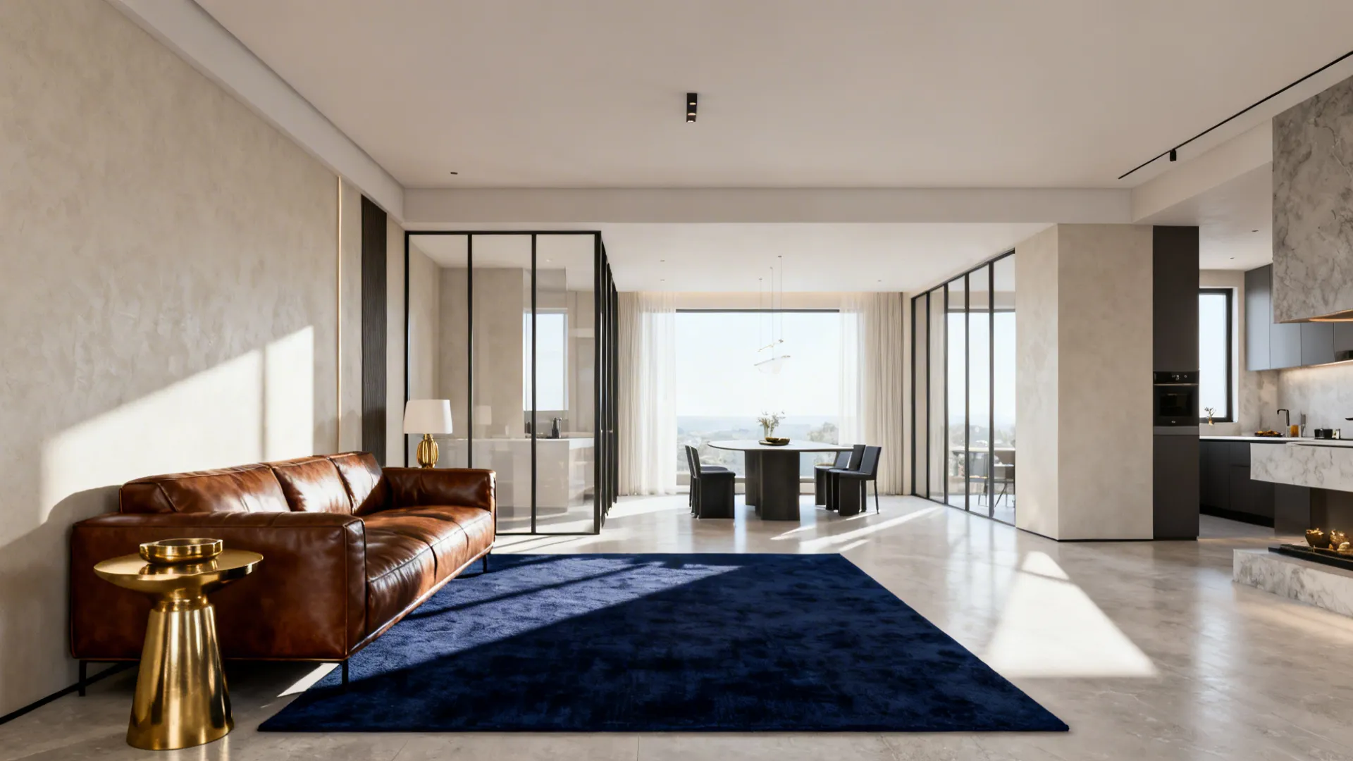 Modern living room with dark blue rug and brown leather sofa and gold side table