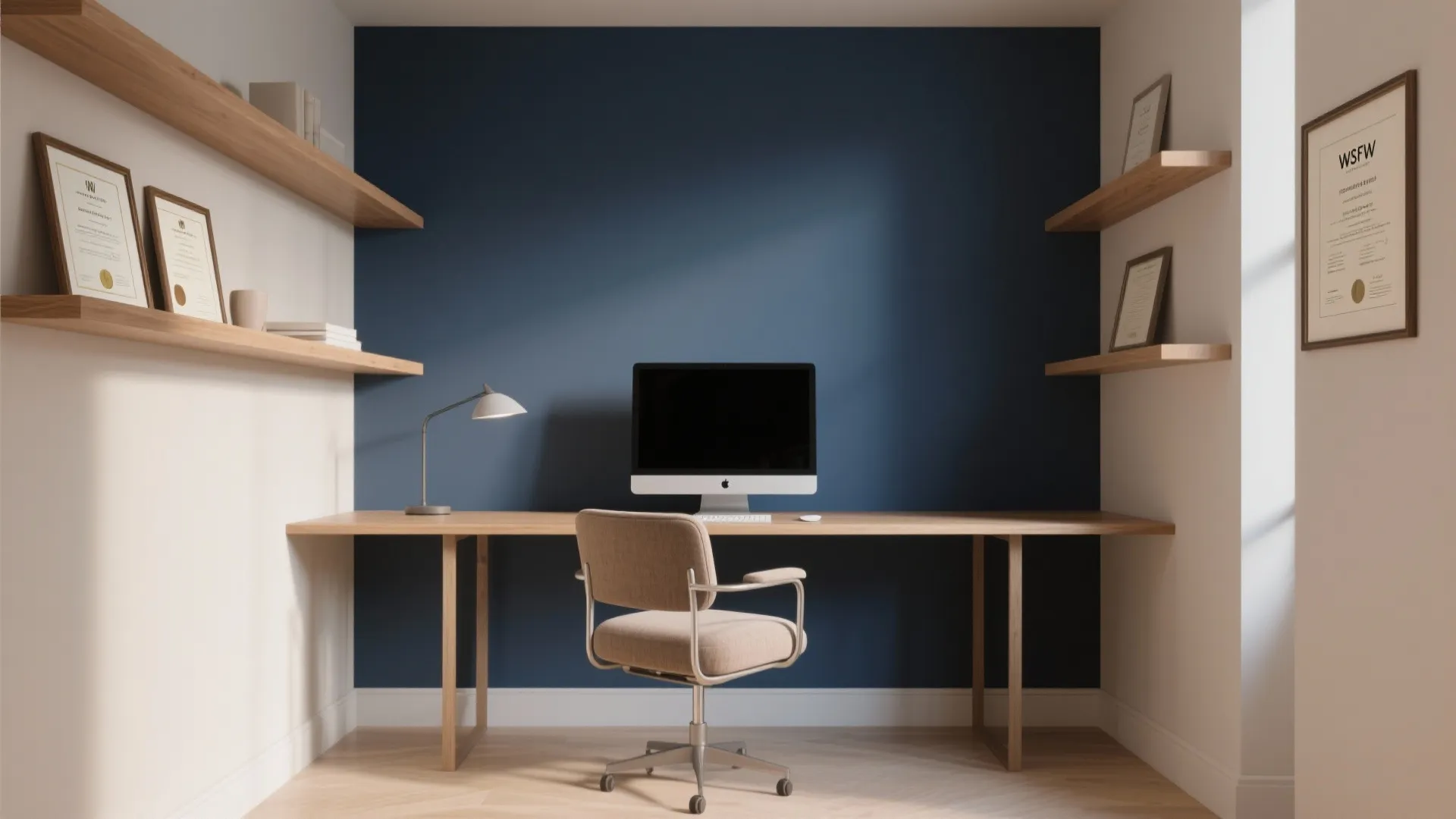 Symmetric home office with navy blue wall wooden wall shelves computer desk chair and light fixture