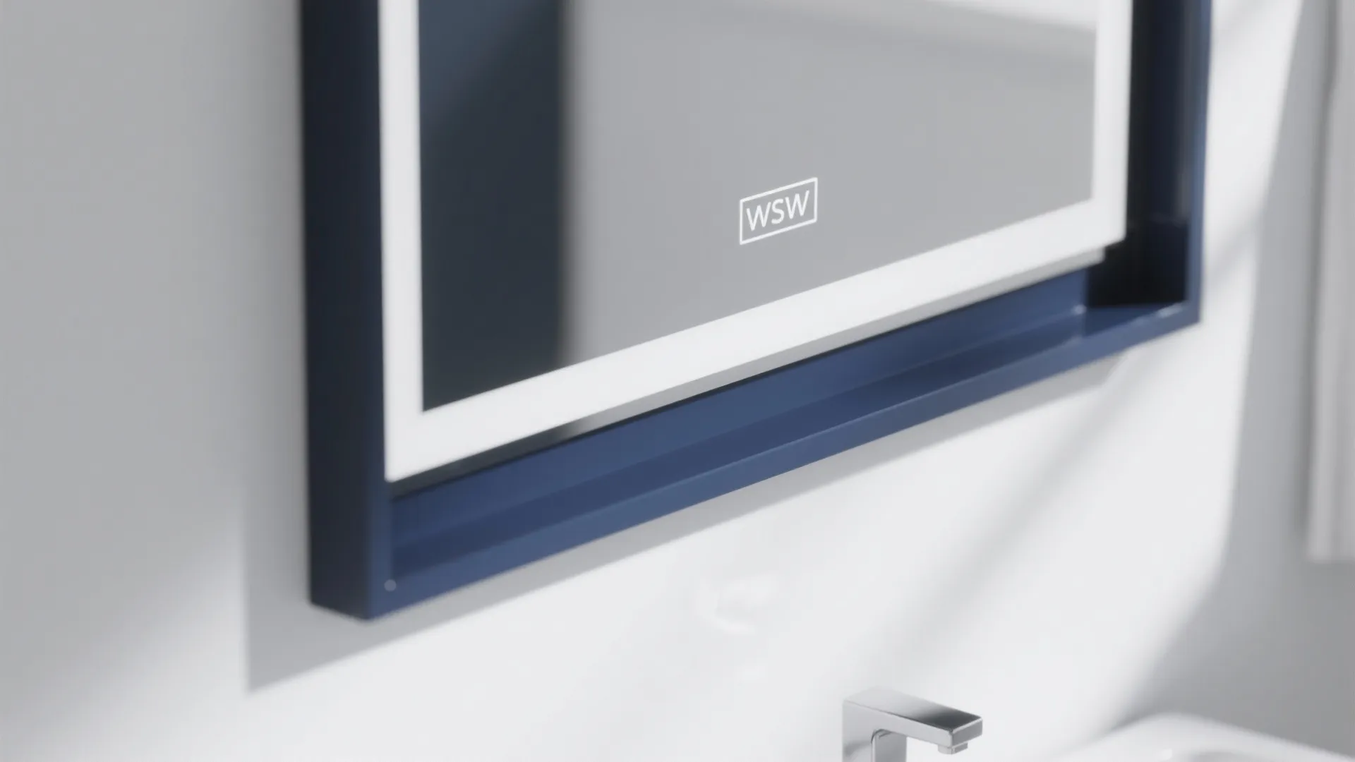 Close up of a bathroom mirror with navy blue frame and built in light strip