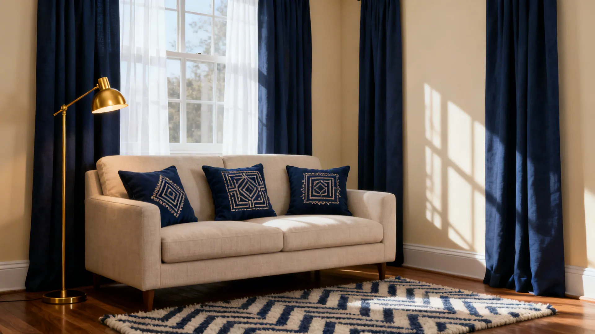 Living room with beige sofa navy pillows gold lamp dark blue curtains and patterned rug
