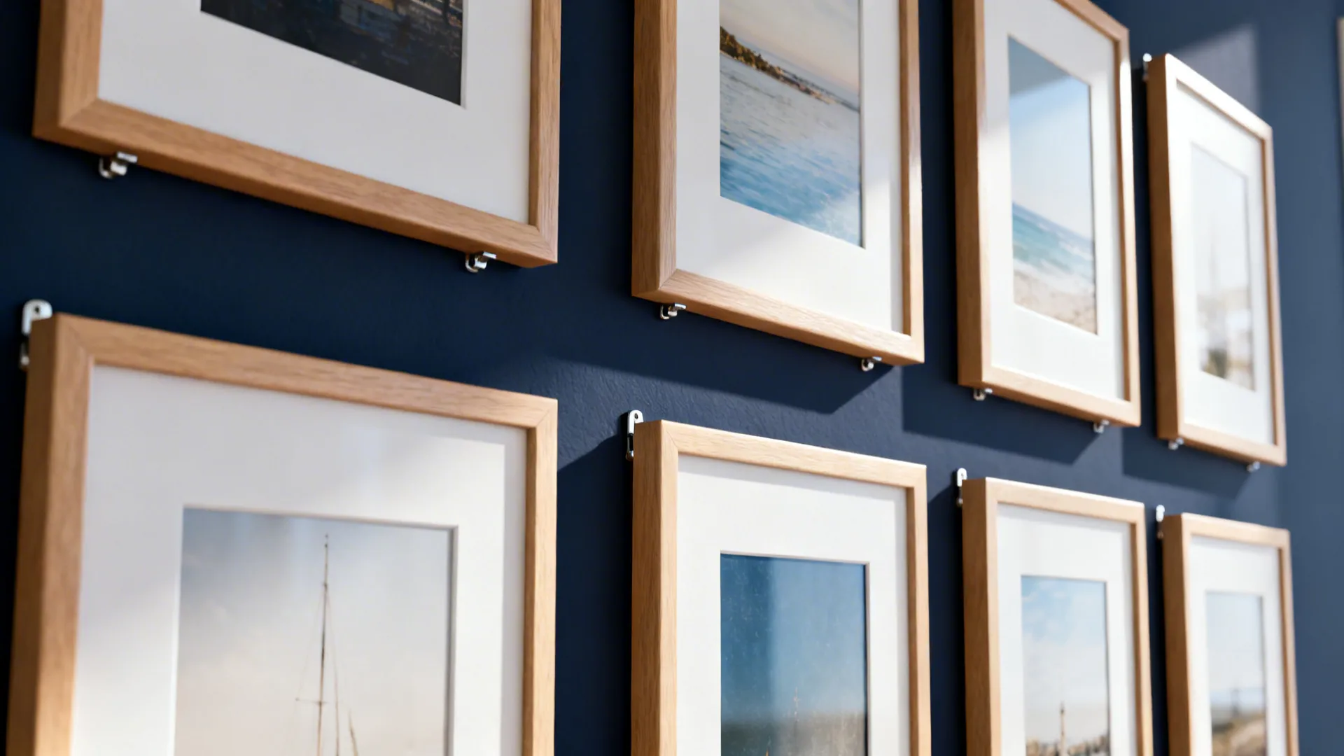 Gallery wall on deep navy background with white mats and light wood frames.