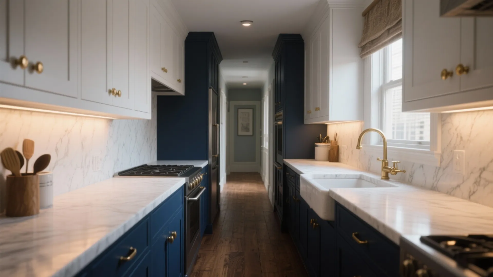 Narrow kitchen with navy blue lower cabinets white upper cabinets marble countertops and gold cabinet handles