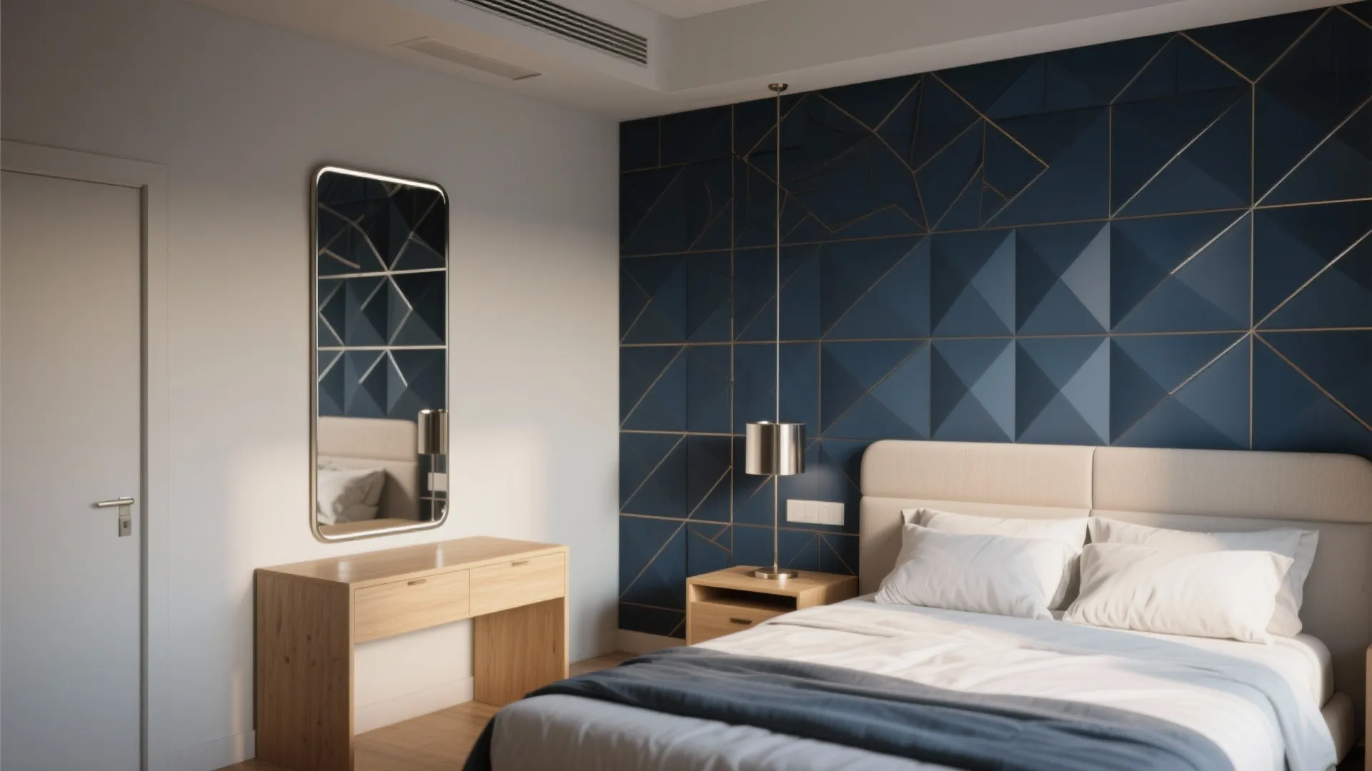 Bedroom with navy blue geometric wall panel wooden desk mirror and a simple bed set