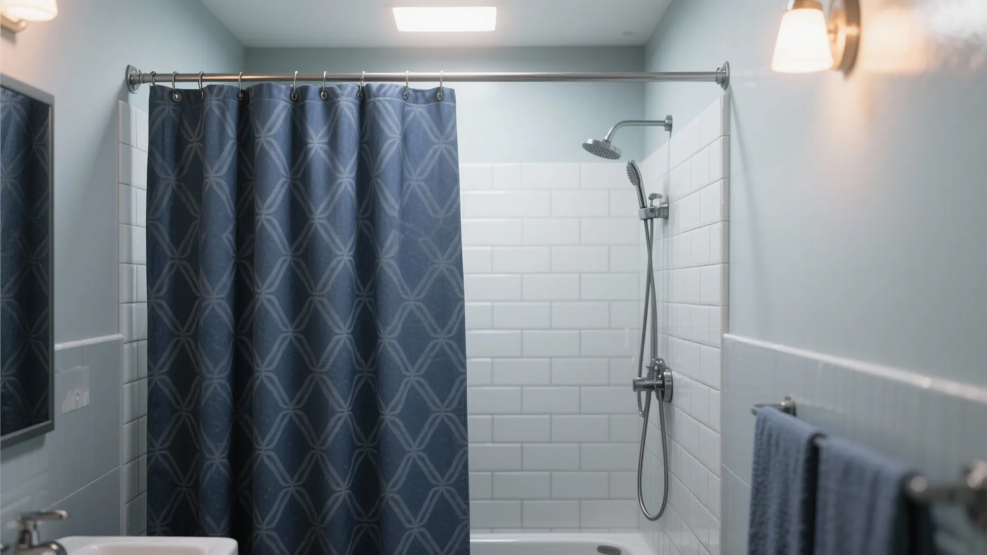 Navy shower curtain with subtle geometric print paired with light gray tiles in a small bathroom.